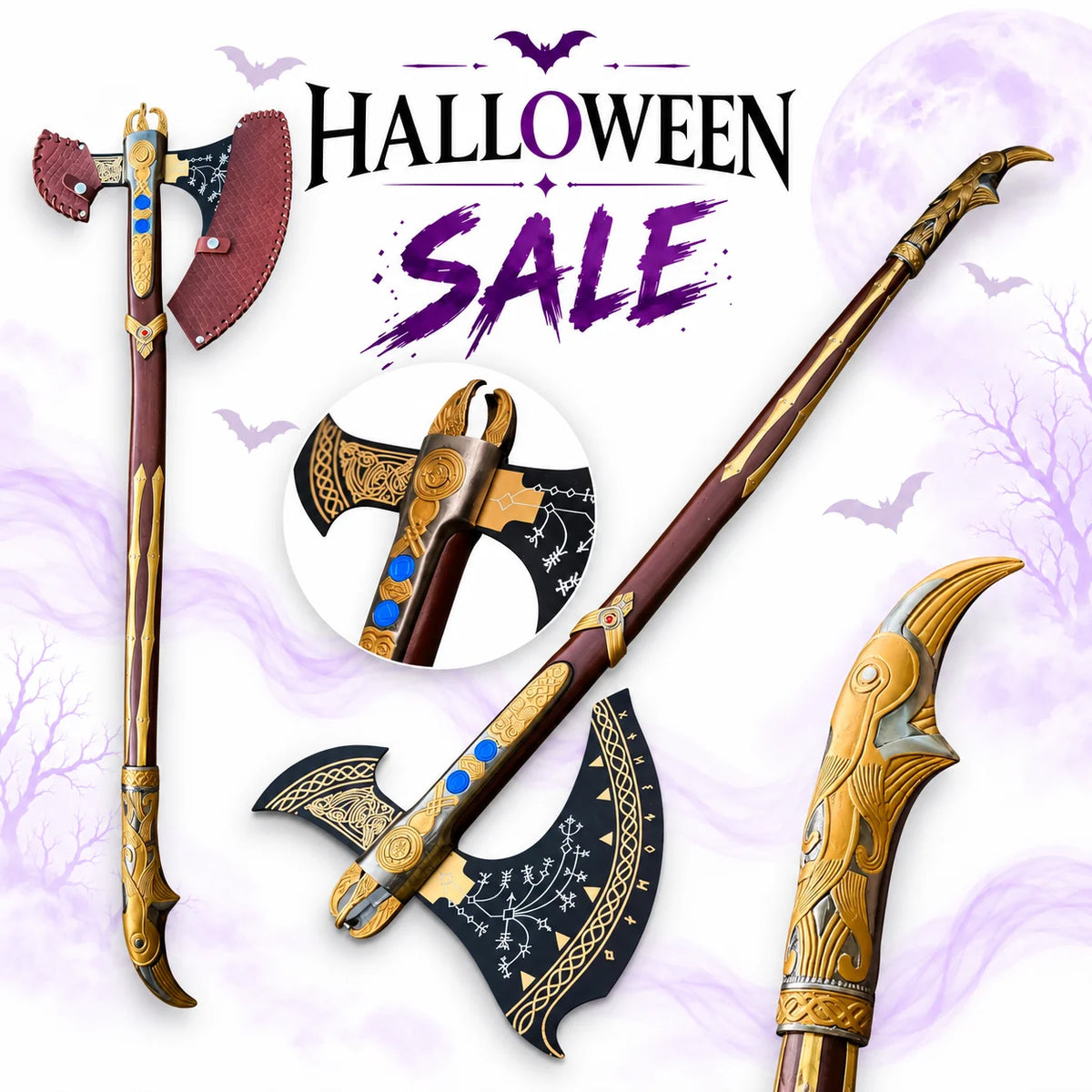 Kratos Leviathan Axe replica from God of War Ragnarok with black rune-engraved axe head, gold detailing, blue accents and long wooden handle in Halloween sale.