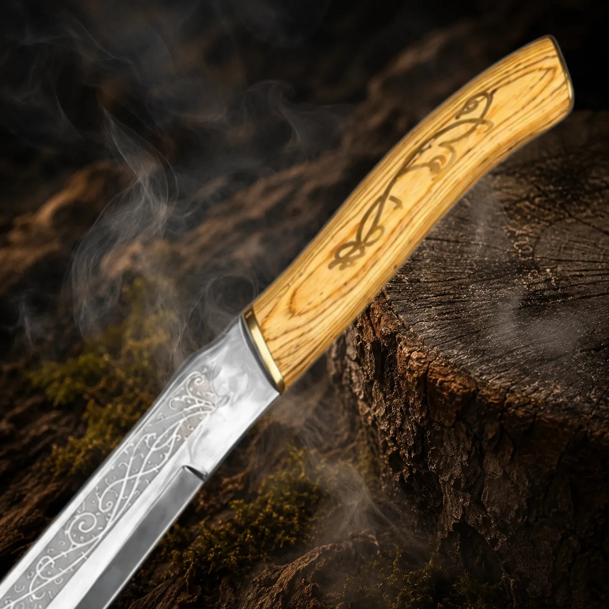 Close-up of the Legolas dagger replica handle showing wood grain grip and engraved blade detail with soft smoke effect