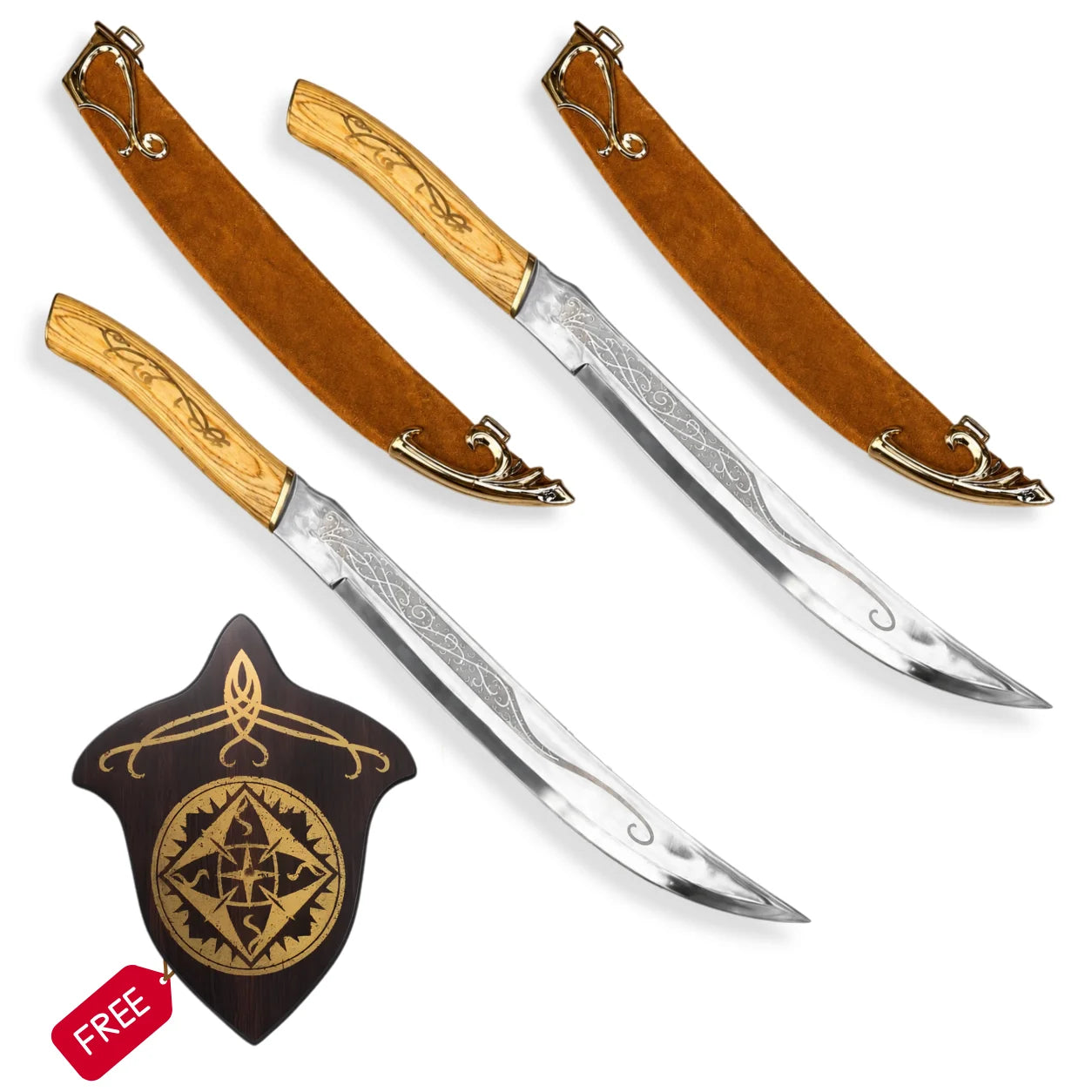 Legolas Daggers LOTR replica set with two elven daggers, two brown scabbards and free wall display plaque on white background