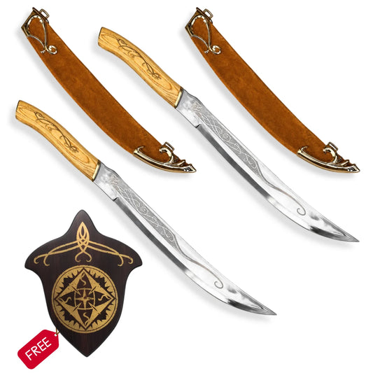 Legolas Daggers LOTR replica set with two elven daggers, two brown scabbards and free wall display plaque on white background