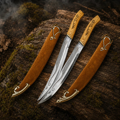 Legolas Daggers LOTR replica set with two engraved blades and two brown scabbards arranged on a mossy woodland log