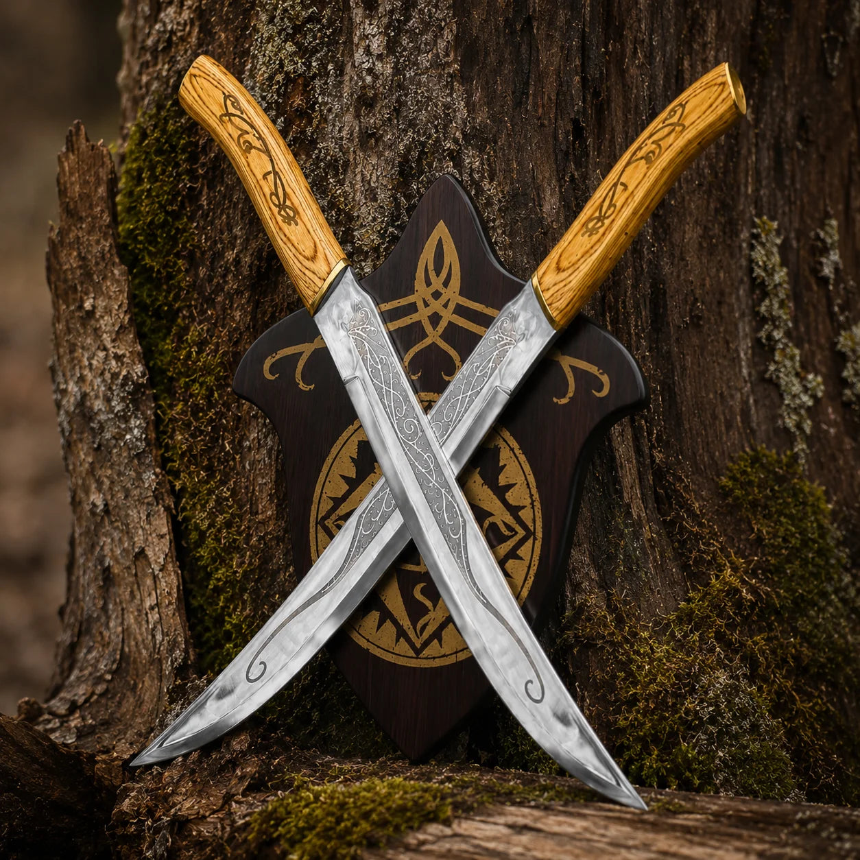 Two crossed Legolas daggers replica displayed with decorative wall plaque against a tree trunk in an outdoor woodland scene