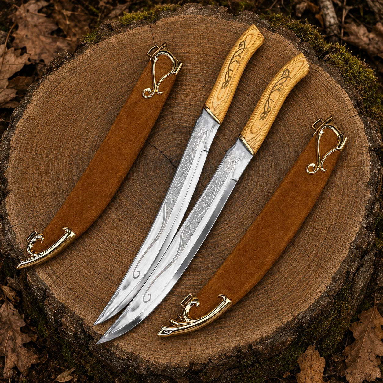 Two Legolas daggers replica with matching brown scabbards displayed neatly on a large tree stump in a woodland background