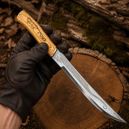 Gloved hand holding a Legolas elven dagger replica with engraved stainless steel blade and wood handle in a woodland setting