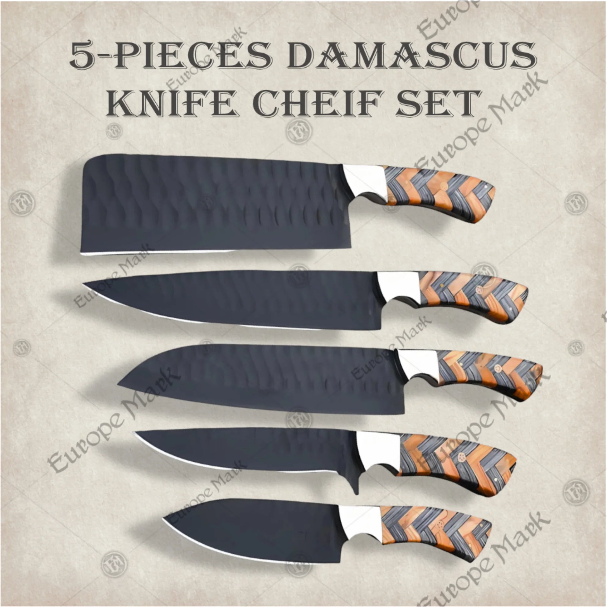 Premium Luxury Damascus 5-Piece Chef Knife Set with Walnut Block