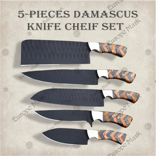 Premium Luxury Damascus 5-Piece Chef Knife Set with Walnut Block
