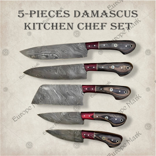 Premium Luxury Wood Grain Damascus Chef Knife Set with Walnut Block
