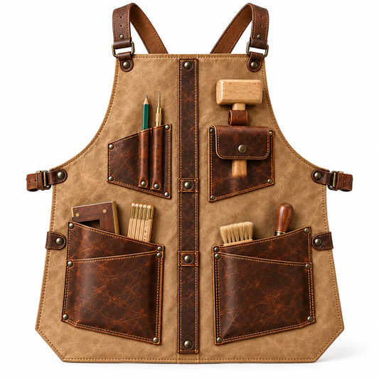 Front view of sand beige cowhide leather woodworking apron with dark brown tool pockets, mallet holder and adjustable shoulder straps.