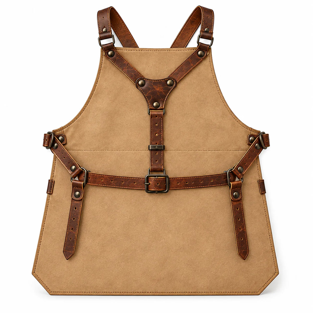 Rear view of Measure Line leather apron showing brown Y-back shoulder harness, central adjustable strap and buckled waist belt.