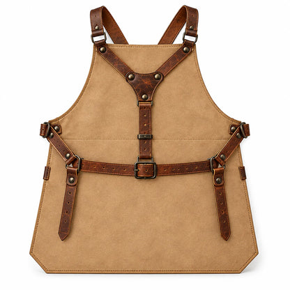 Rear view of Measure Line leather apron showing brown Y-back shoulder harness, central adjustable strap and buckled waist belt.