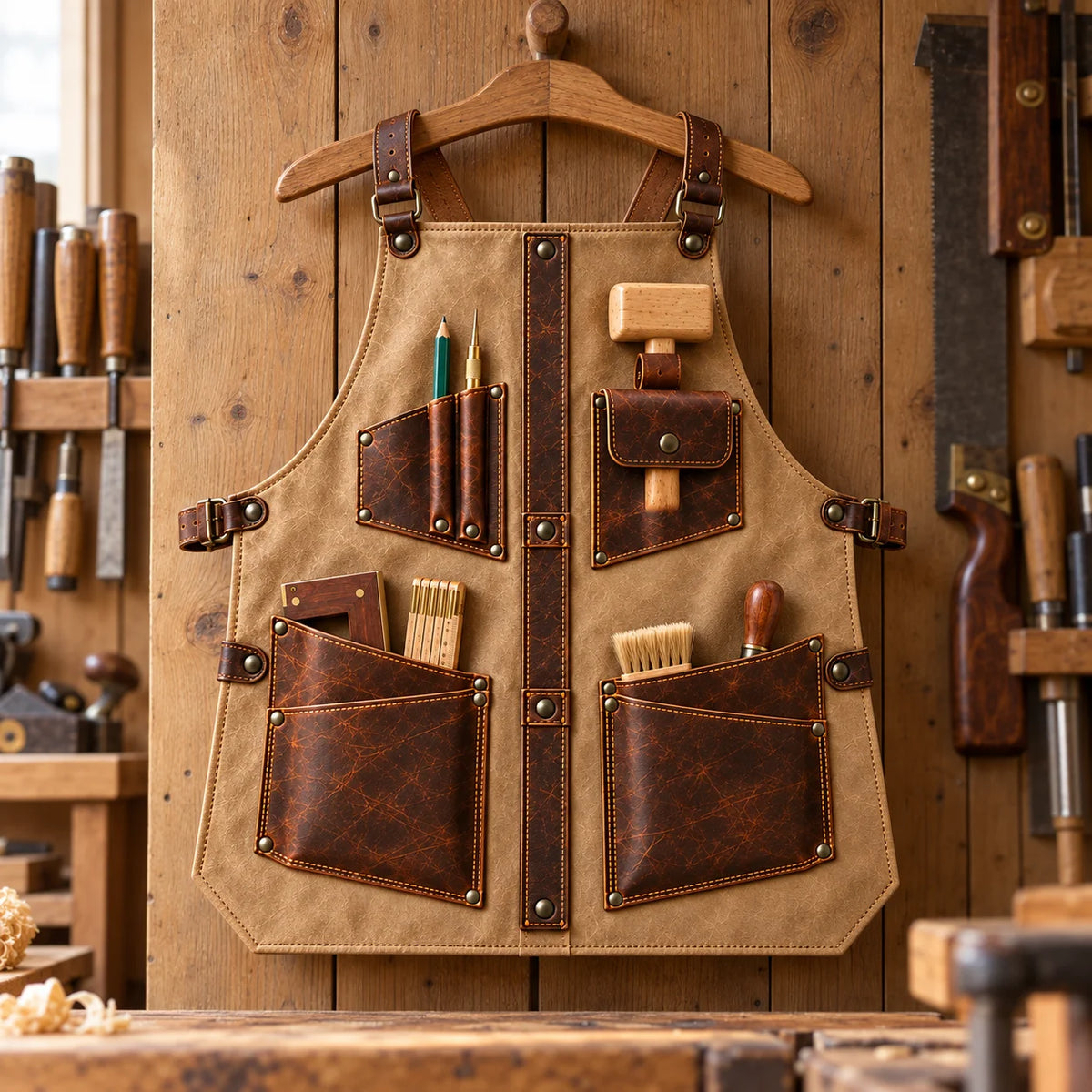 Sand beige leather woodworking apron hanging on a wooden workshop wall with brown utility pockets and marking tools visible.