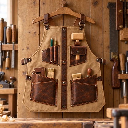Sand beige leather woodworking apron hanging on a wooden workshop wall with brown utility pockets and marking tools visible.