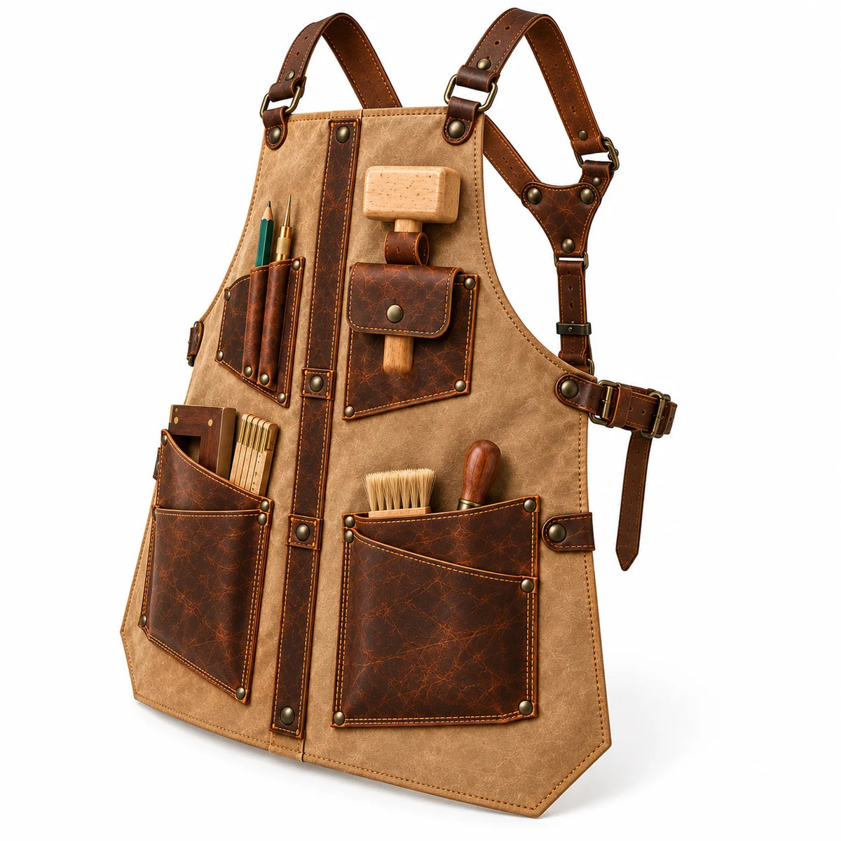 Angled view of beige and brown leather carpenter apron highlighting front tool storage, riveted construction and Y-back harness.