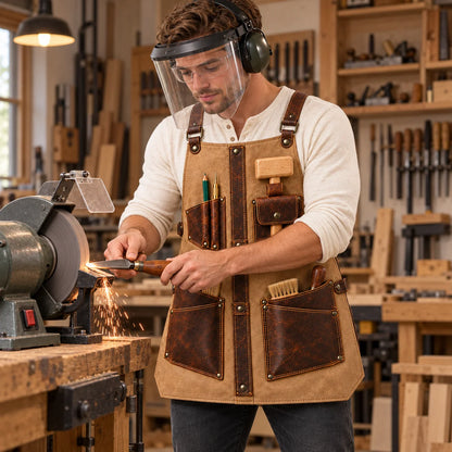 Woodworker wearing a sand beige leather apron, face shield and ear protection while using a bench grinder in a timber workshop.