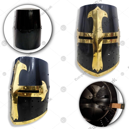Premium Medieval Knight Templar Black Helmet Replica with Oak Stand.