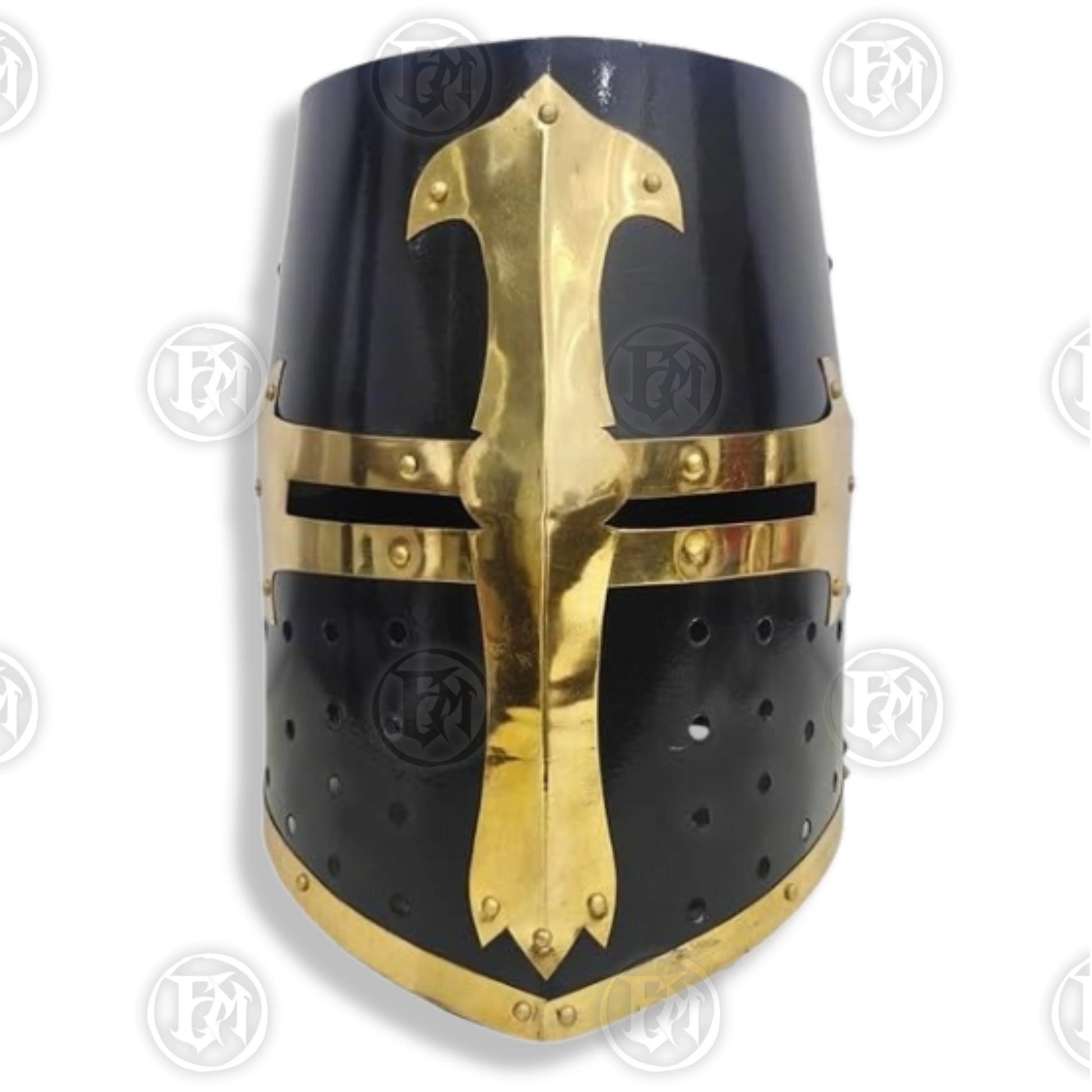 Premium Medieval Knight Templar Black Helmet Replica with Oak Stand.