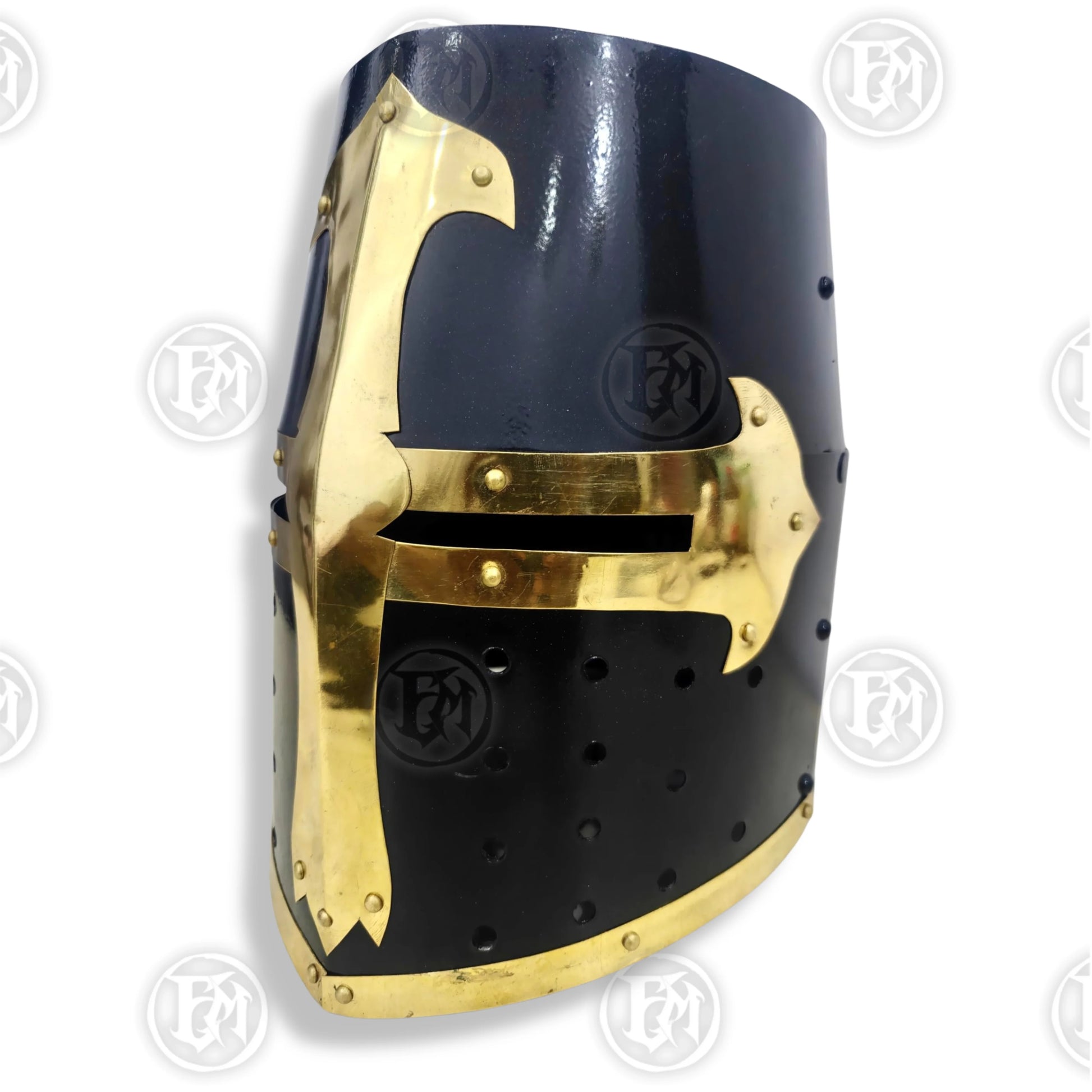 Premium Medieval Knight Templar Black Helmet Replica with Oak Stand.