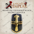 Premium Medieval Knight Templar Black Helmet Replica with Oak Stand.
