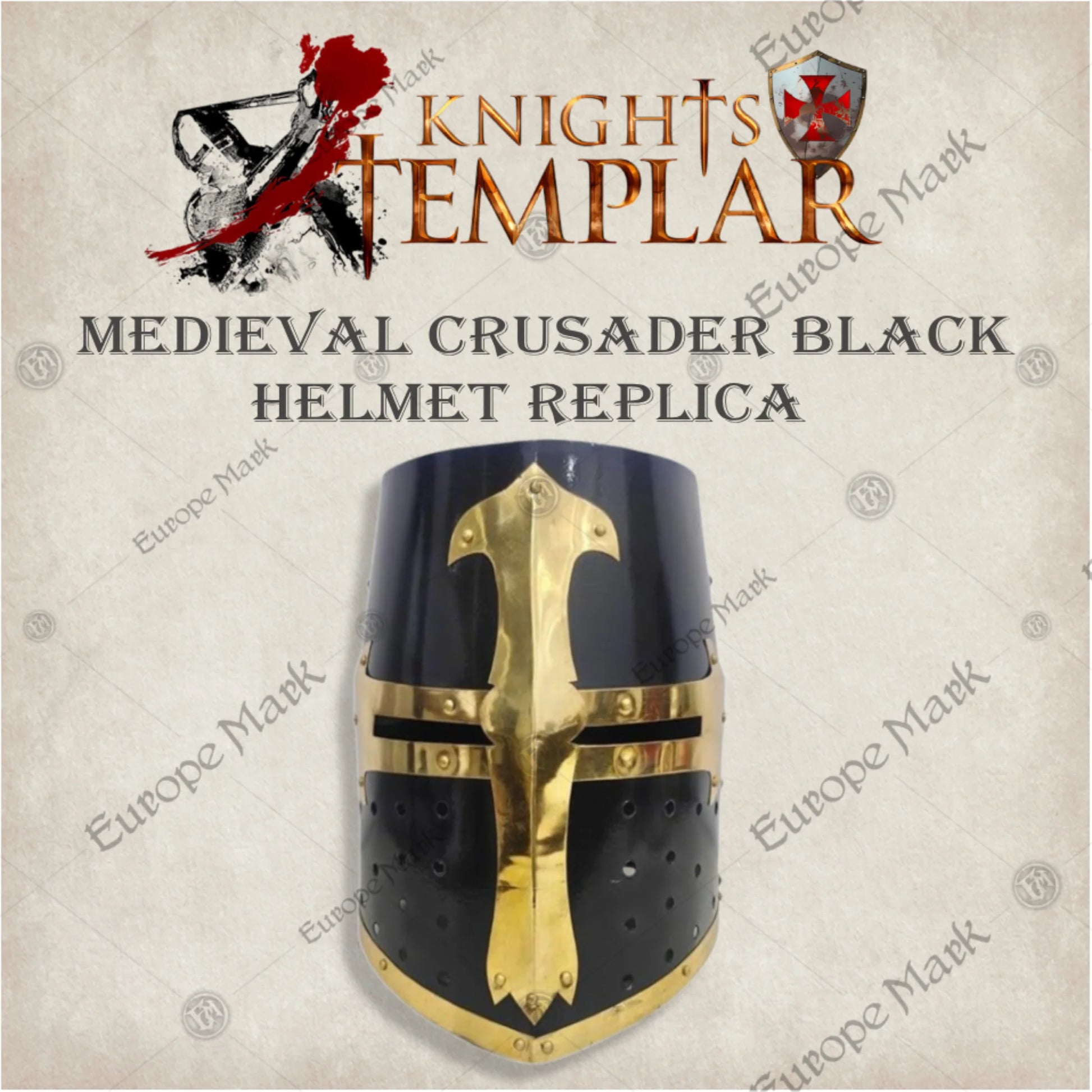 Premium Medieval Knight Templar Black Helmet Replica with Oak Stand.