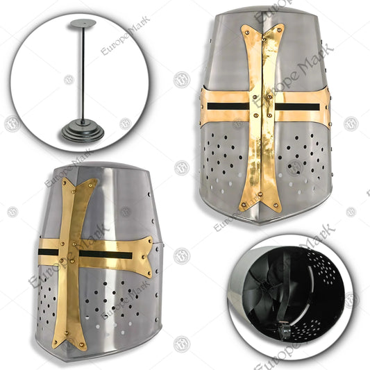 Premium Medieval Knight Templar Crusader Helmet Replica with Oak Stand.