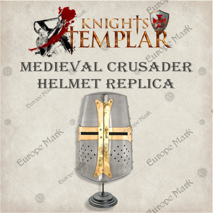 Premium Medieval Knight Templar Crusader Helmet Replica with Oak Stand.