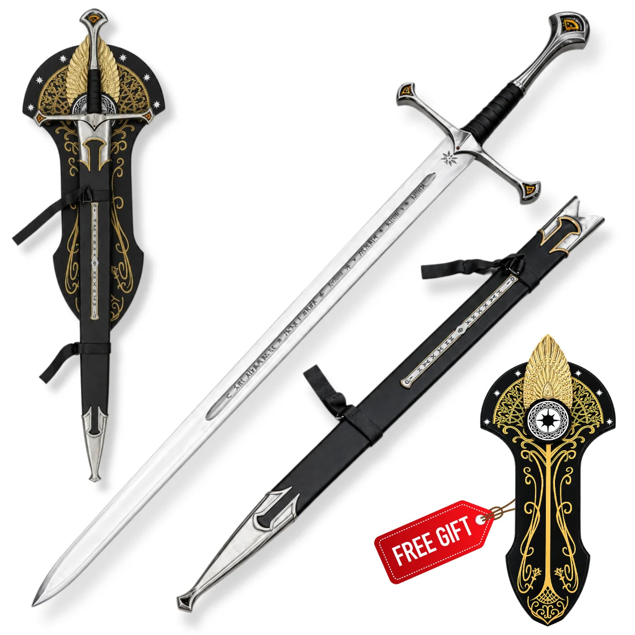 Museum Collection Anduril Narsil Sword display set on white showing polished blade, black scabbard and ornate black-and-gold wall plaque