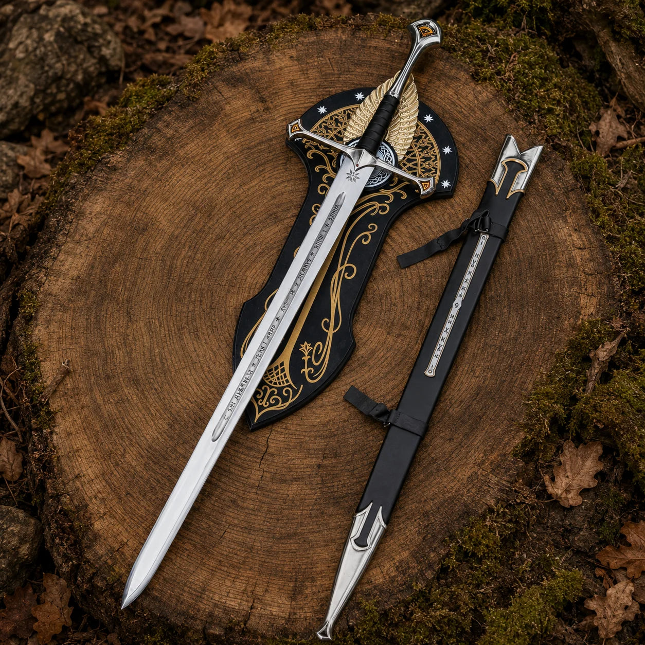 Top-down Museum Collection Anduril Narsil Sword on a tree stump with full stainless blade, black scabbard and black-and-gold wall plaque