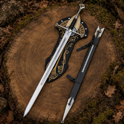 Top-down Museum Collection Anduril Narsil Sword on a tree stump with full stainless blade, black scabbard and black-and-gold wall plaque