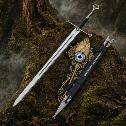 Full Anduril-style stainless steel sword with black scabbard and decorative wall plaque arranged on a mossy woodland log