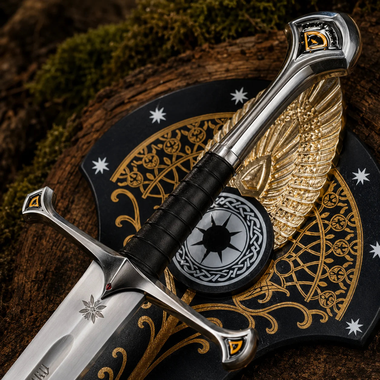 Close-up of Anduril sword hilt showing curved silver guard, black wrapped grip, detailed pommel and ornate plaque