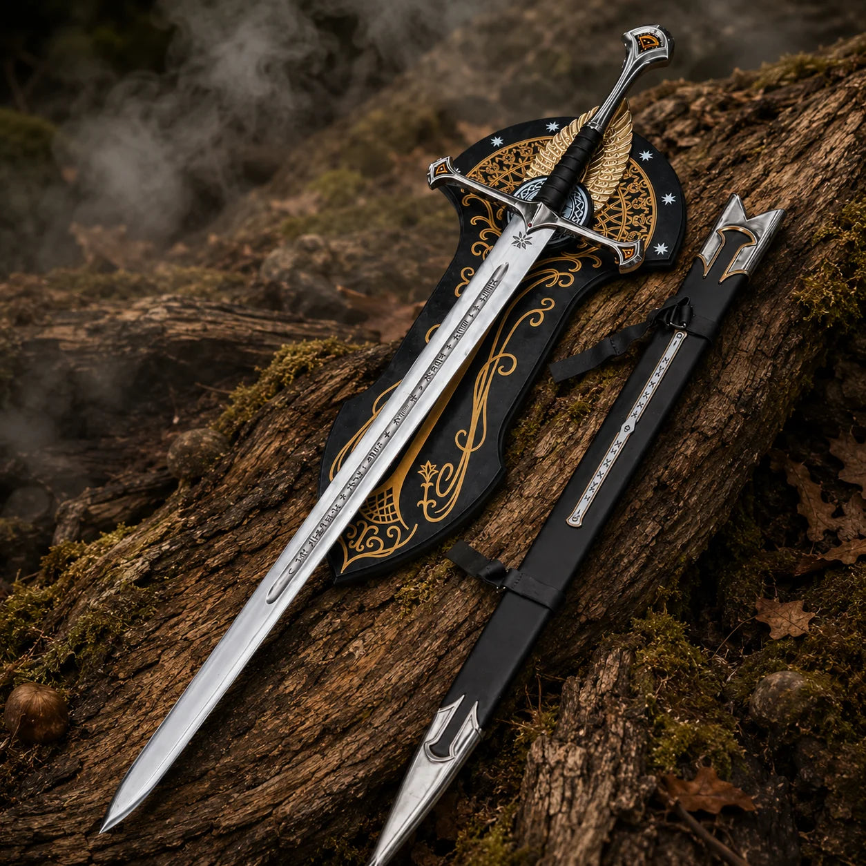 Museum-style Anduril sword, black scabbard and black-and-gold wall plaque displayed on a woodland log with soft mist