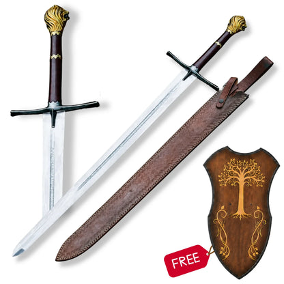 Chronicles of Narnia Peter Pevensie Rhindon Sword with engraved silver blade, lion pommel, brown leather sheath and free wall plaque