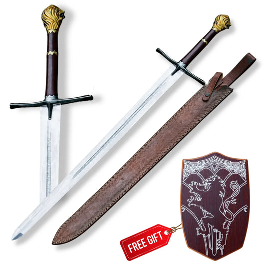 The Chronicles of Narnia Peter Pevensie Rhindon Sword with engraved silver blade, lion pommel, brown leather sheath and free wall plaque