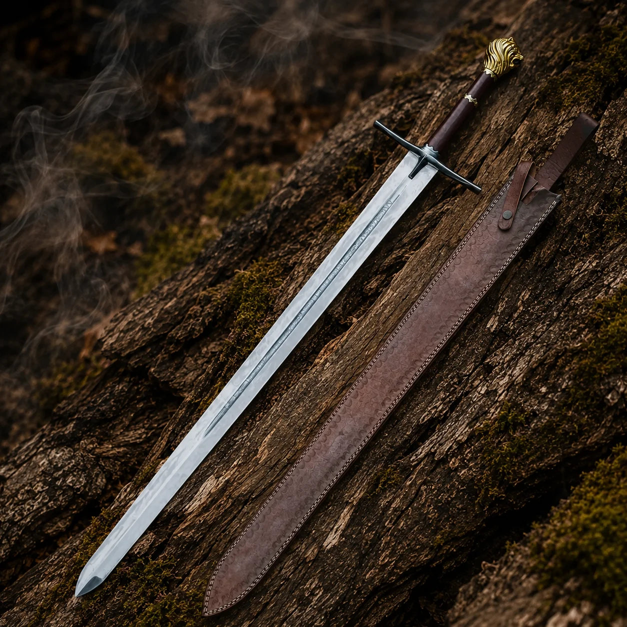 Narnia Rhindon Sword and brown stitched leather sheath displayed together on moss-covered woodland bark