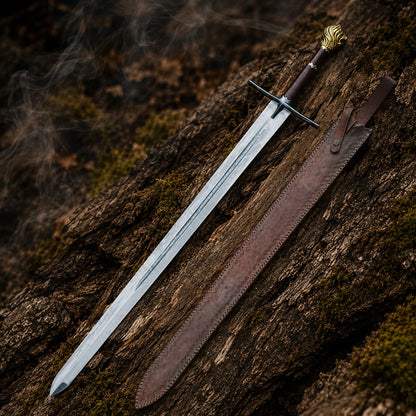 Narnia Rhindon Sword and brown stitched leather sheath displayed together on moss-covered woodland bark