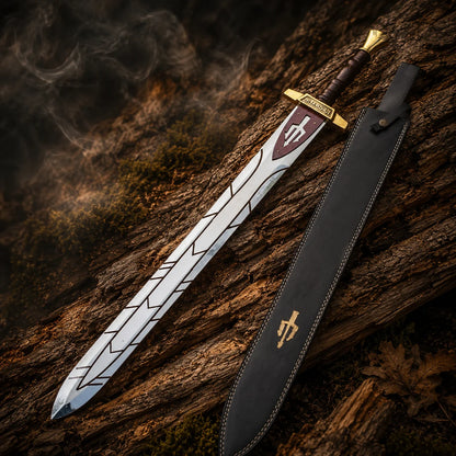 Percy Jackson Riptide sword replica with matching black stitched sheath displayed on moss-covered woodland bark