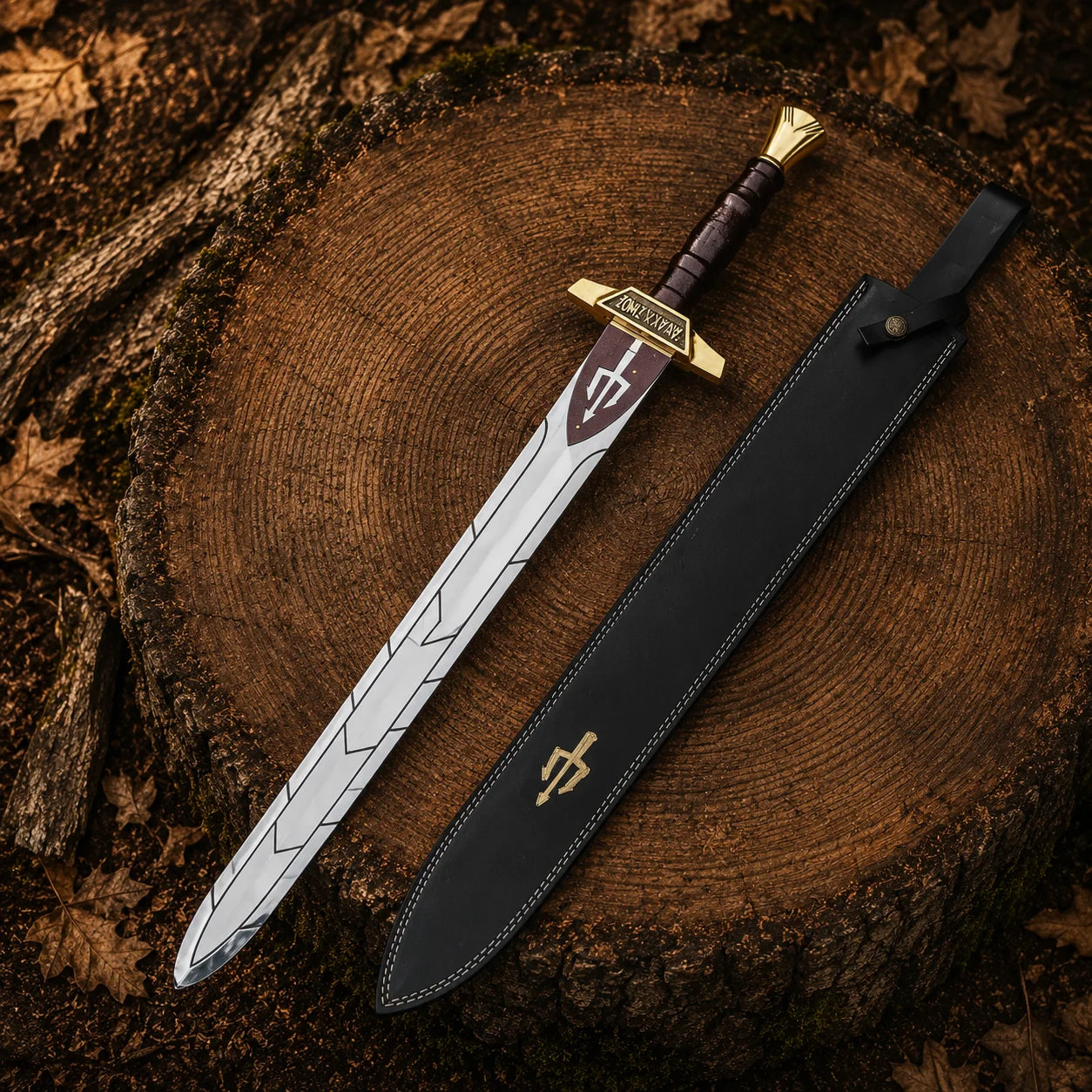 Percy Jackson Riptide sword and black stitched display sheath arranged together on a large woodland tree stump