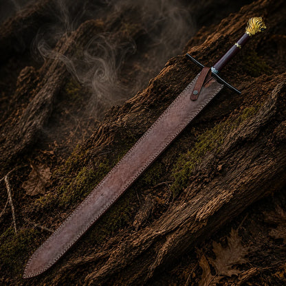Peter Pevensie Rhindon Sword stored inside its patterned brown leather sheath with lion pommel and dark crossguard visible