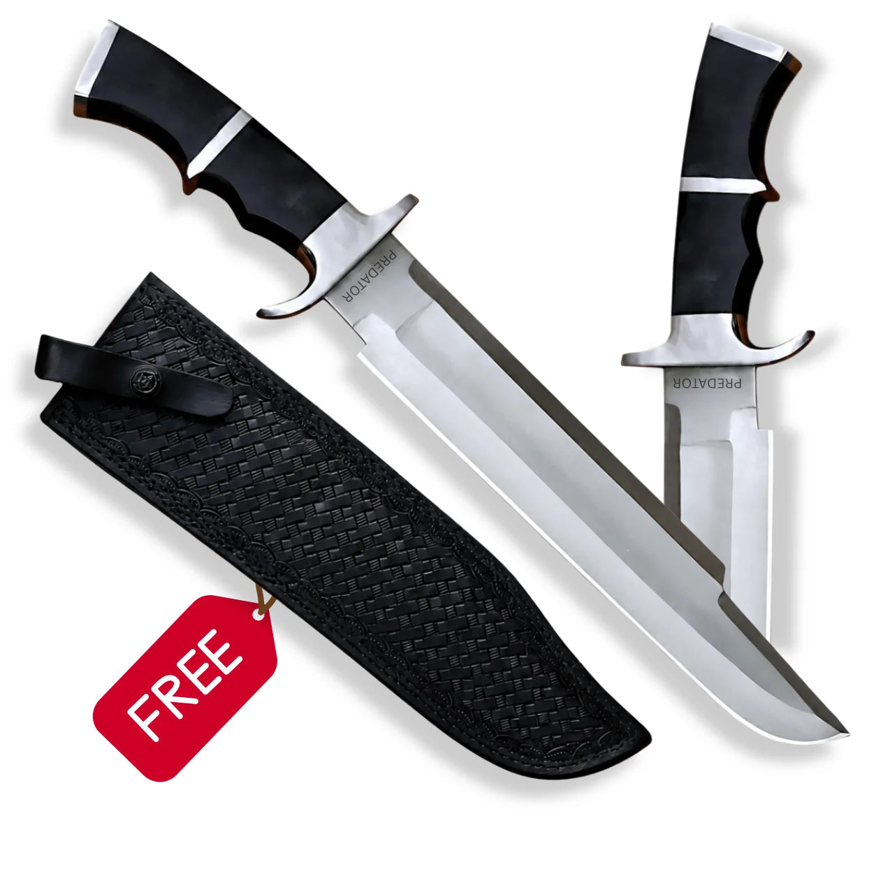 Predator 1987 Dutch Schaefer movie prop collectible with polished metal blade, black handle and free patterned display sheath on white background