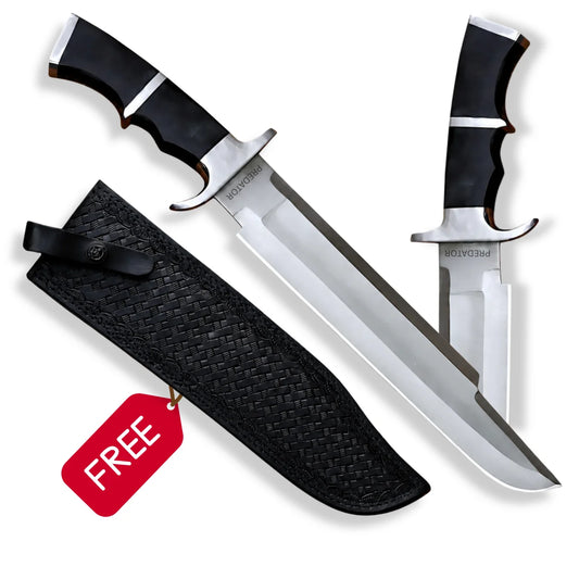 Predator 1987 Dutch Schaefer movie prop collectible with polished metal blade, black handle and free patterned display sheath on white background