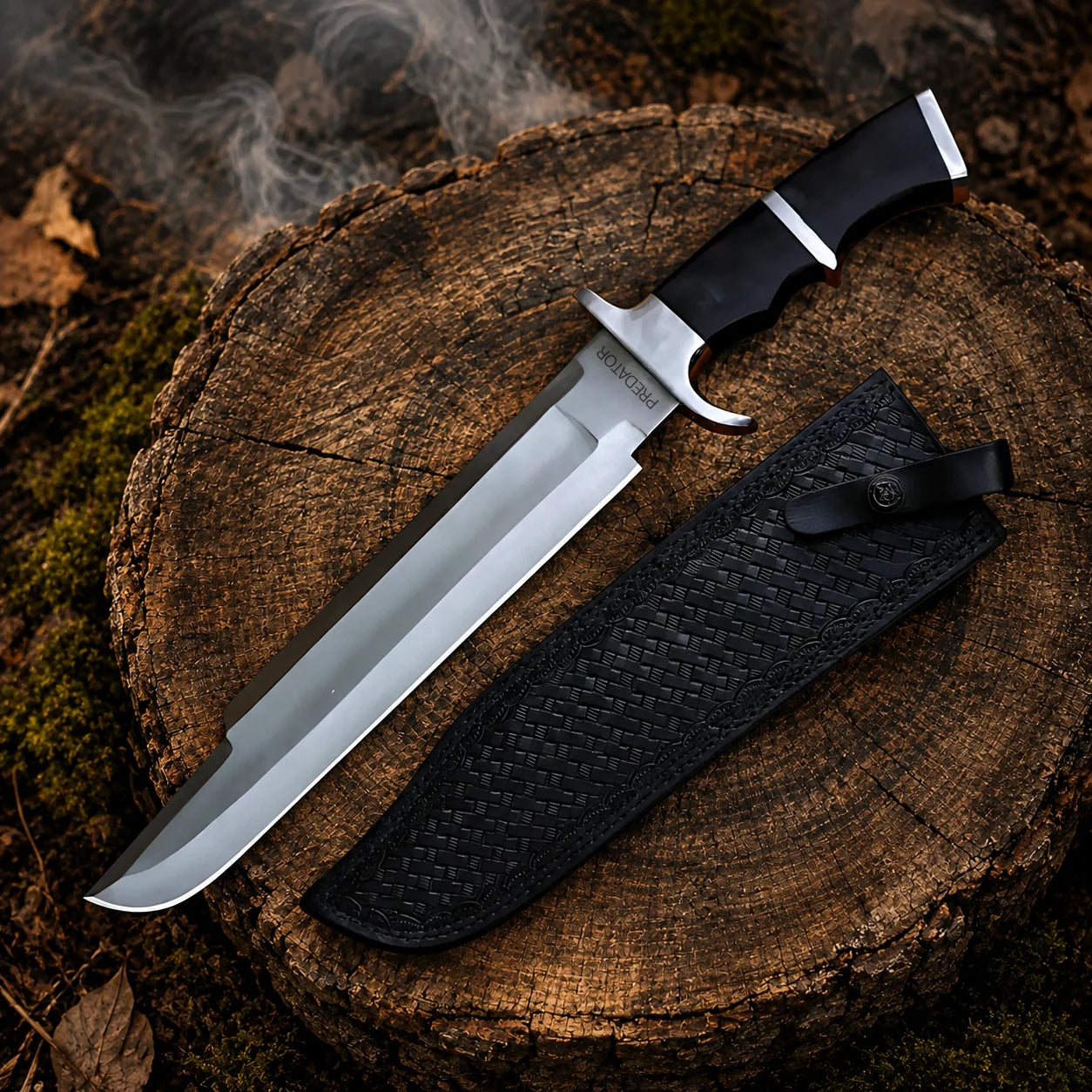 Predator 1987 Dutch Schaefer decorative prop with black embossed sheath displayed on a woodland tree stump with subtle smoke