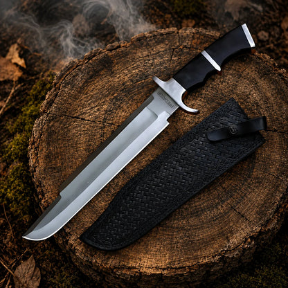 Predator 1987 Dutch Schaefer decorative prop with black embossed sheath displayed on a woodland tree stump with subtle smoke