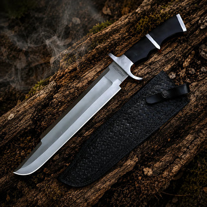 Predator 1987 Dutch Schaefer movie prop collectible and black embossed sheath arranged on a weathered woodland log