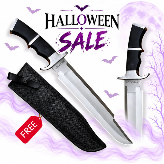 Predator 1987 film prop replica knife with silver blade, black handle and textured black sheath, showcased in Europe Mark's purple Halloween sale.