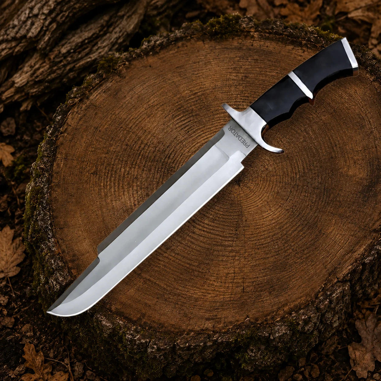 Full-length Predator Dutch Schaefer movie prop collectible with polished stainless steel section and ergonomic black handle on a tree stump