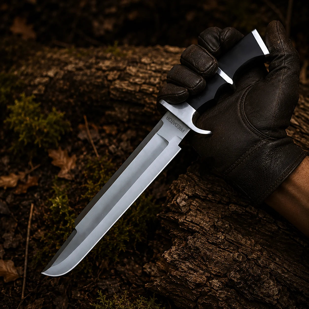 Black-gloved hand presenting the Predator Dutch Schaefer movie prop collectible with silver blade and sculpted black handle in a woodland setting