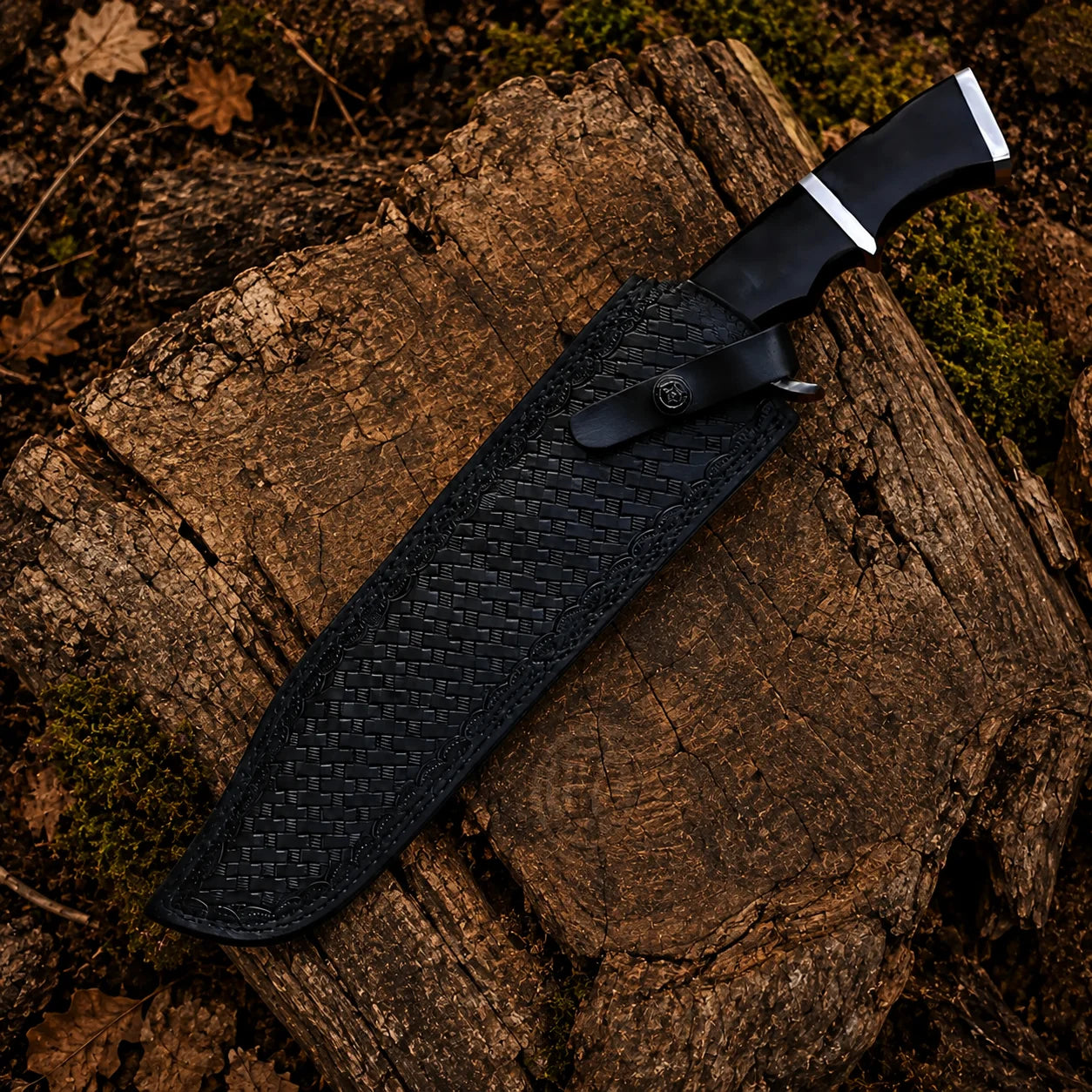 Predator Dutch Schaefer collectible stored inside its black basket-weave patterned sheath with secure fastening strap