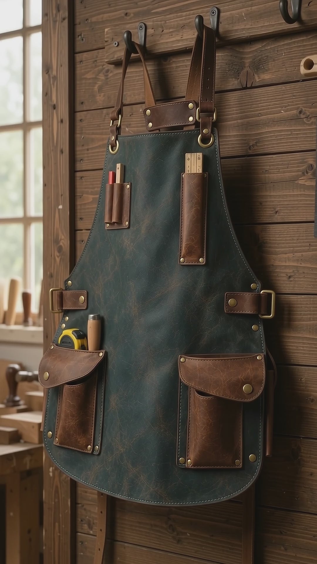 A short vertical video presents the Studio Wing slate teal cowhide leather apron through workshop hanging views, a model wearing the apron, side-profile shots and a closer view of the antique-brown utility pockets. The footage highlights the adjustable shoulder straps, contrasting leather finishes and front tool storage.