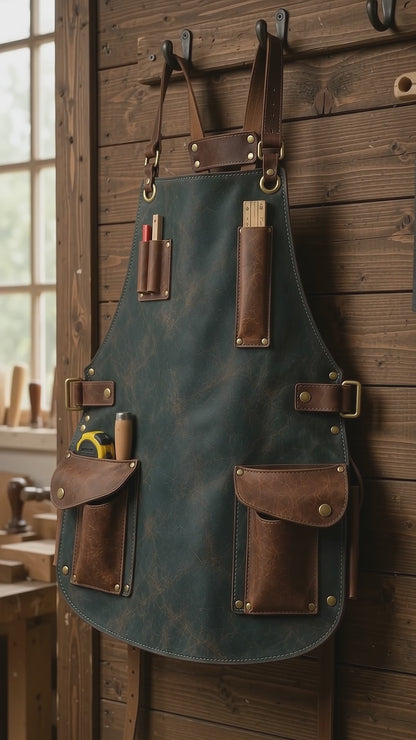 A short vertical video presents the Studio Wing slate teal cowhide leather apron through workshop hanging views, a model wearing the apron, side-profile shots and a closer view of the antique-brown utility pockets. The footage highlights the adjustable shoulder straps, contrasting leather finishes and front tool storage.