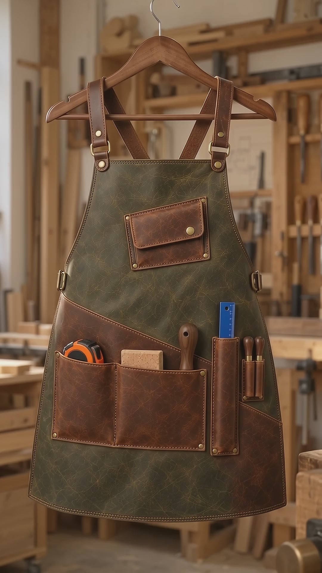 Explore the Field Joiner Sage Olive Cowhide Leather Apron with distressed brown tool pockets, adjustable straps, brass-tone detailing and practical woodworking storage.